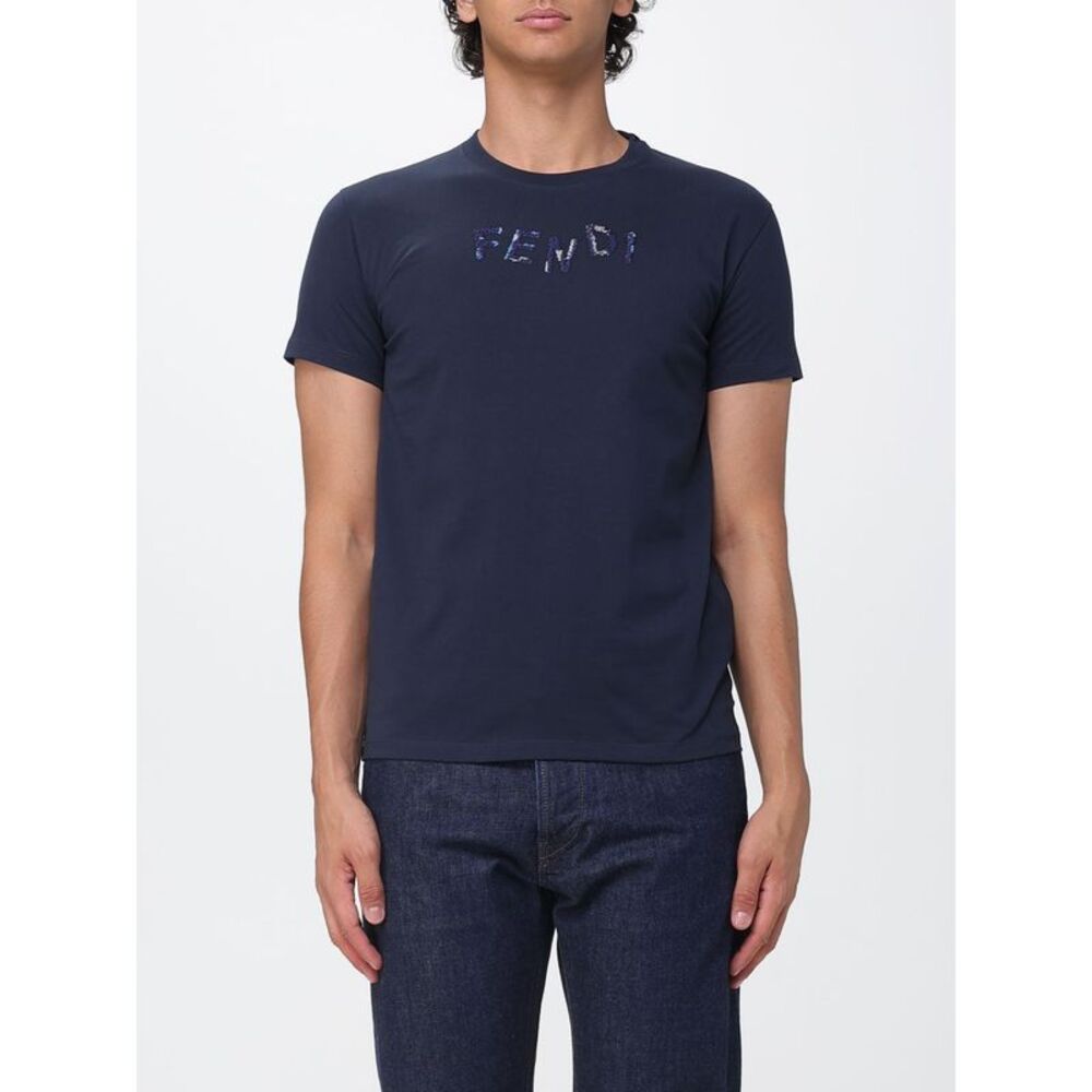 Fendi Men Slim Fit Cotton T-Shirt Fendi With Contrast Embroidered Logo
